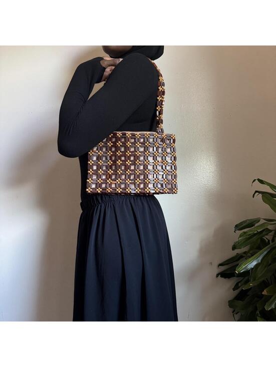 Handbags - Vintage Handmade Boho Geometric Beaded Wood Shoulder Bag Fully Lined Zip Top